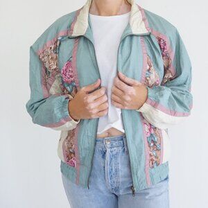 Vintage Active Frontier Teal Pink Floral Colorblock Zip Windbreaker Jacket 90s M